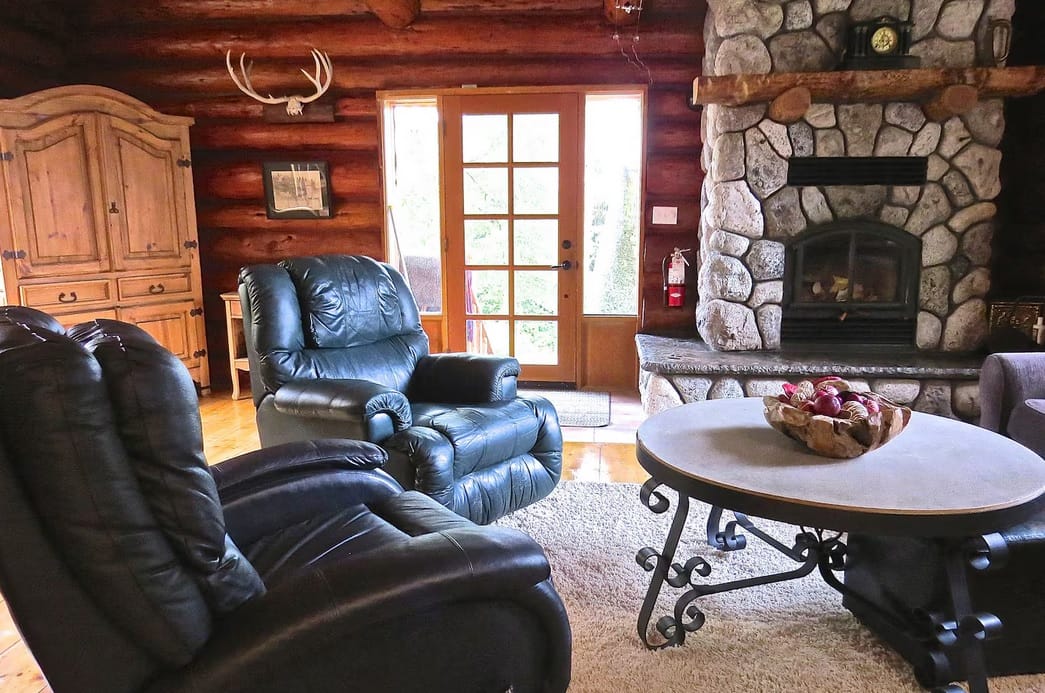 Sooke Snorkeling Adventure cabin and fireplace